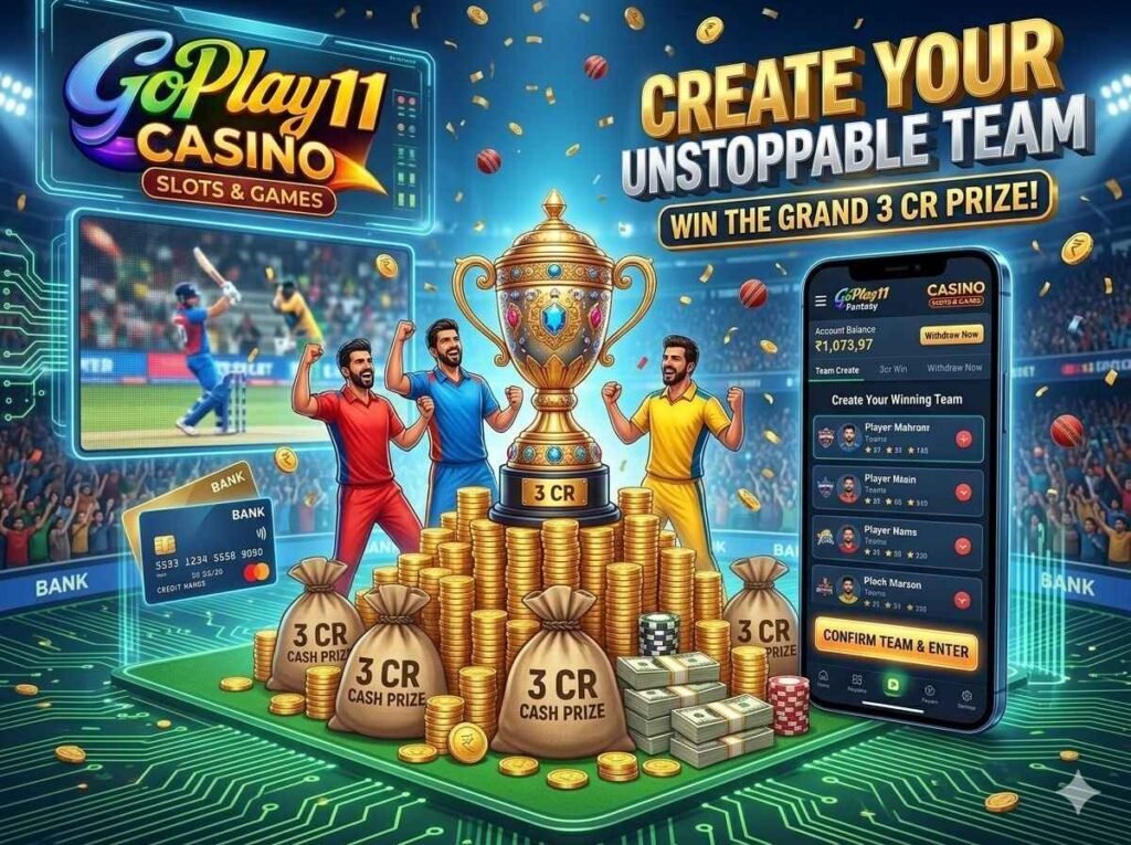 GoPlay 11 fantasy cricket promotion showing players celebrating around a trophy with cash prizes and a mobile app screen.