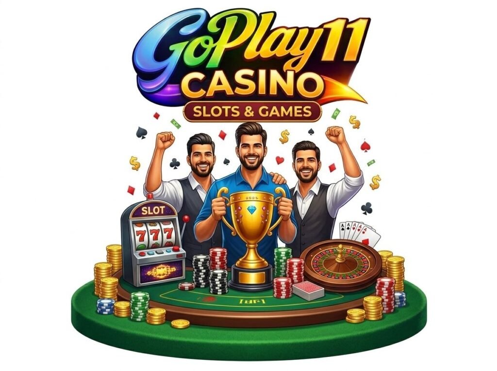 GoPlay11 casino games banner showing players celebrating with a trophy, slot machine, poker cards, and chips.